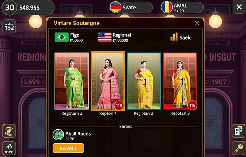 Saree Sovereigns gameplay showing a virtual boutique with various regional sarees on display