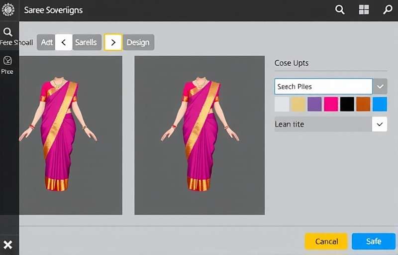 Saree Sovereigns design interface showing various customization options for creating a traditional saree